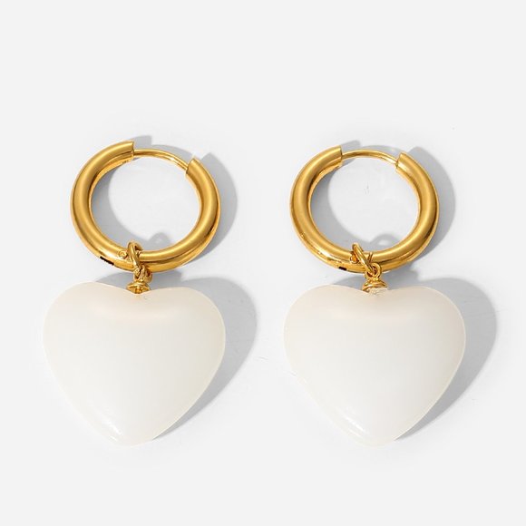 Healing White Jade Heart Hoop Earrings 18K Gold Plated Stainless Steel - Picture 3 of 7